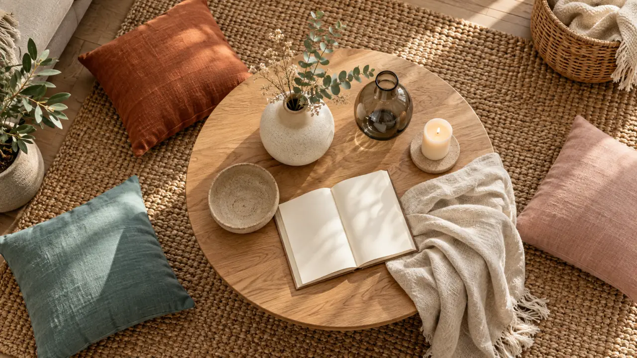 Déco colorée : coussins terracotta, vert sauge et rose poudré sur fond neutre