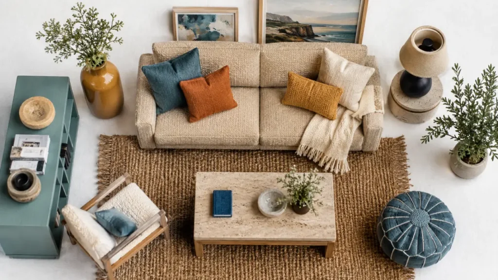 Canapé beige au salon : couleurs, matières et accessoires pour éviter un rendu fade