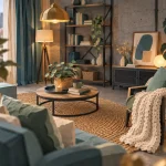 Déco salon industriel cocooning : béton et bois pour un style chaleureux