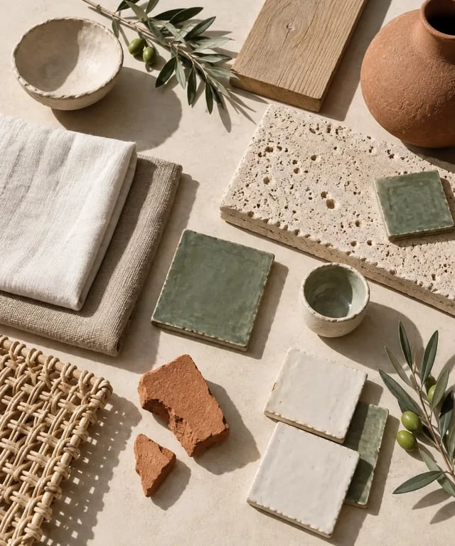 Palette de matières et de couleurs pour une décoration méditerranéenne authentique