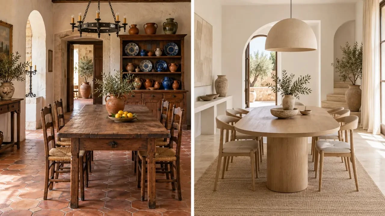 Comparaison visuelle entre décoration méditerranéenne traditionnelle et contemporaine