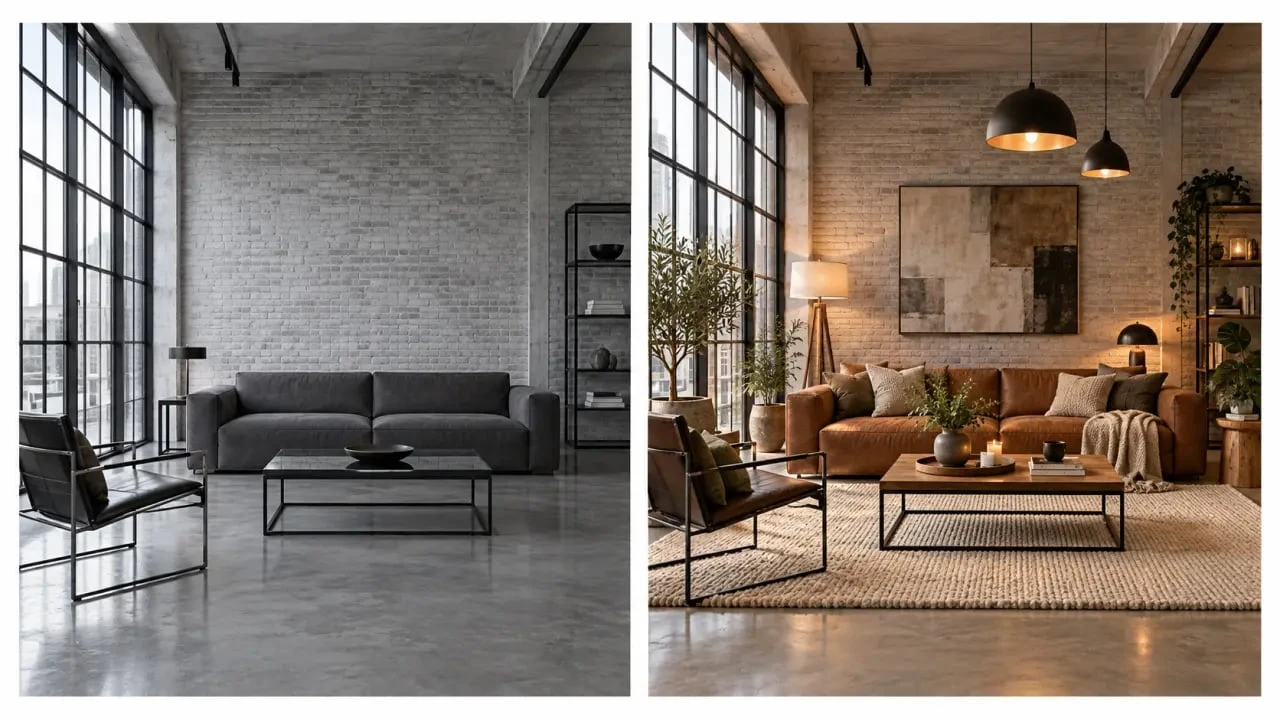 Avant-après d’une déco de salon industriel cocooning avec bois, textiles et lumière chaude