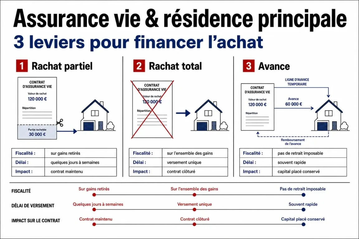 Assurance vie achat résidence principale : comparaison visuelle entre rachat partiel, rachat total et avance