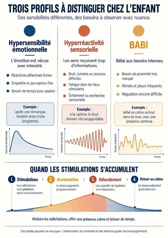 Infographie pour comprendre les différences entre enfant hypersensible, hyperréactivité sensorielle et BABI