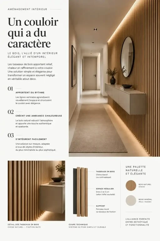 Idée déco couloir moderne avec tasseaux de bois et éclairage design.