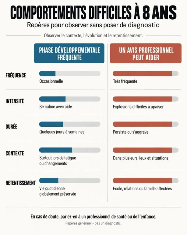 Infographie sur le garçon 8 ans comportement difficile : distinguer une phase fréquente des signes préoccupants