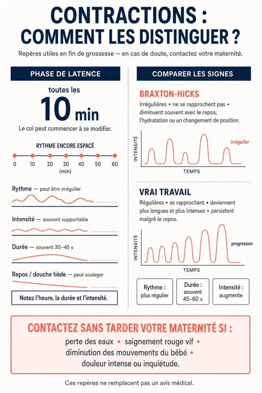 Infographie sur les contractions toutes les 10 minutes et la différence entre faux travail et début du travail