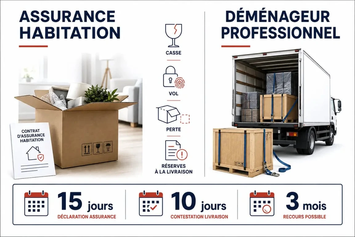 Assurance pour déménagement : comparaison visuelle entre assurance habitation et déménageur avec délais de déclaration