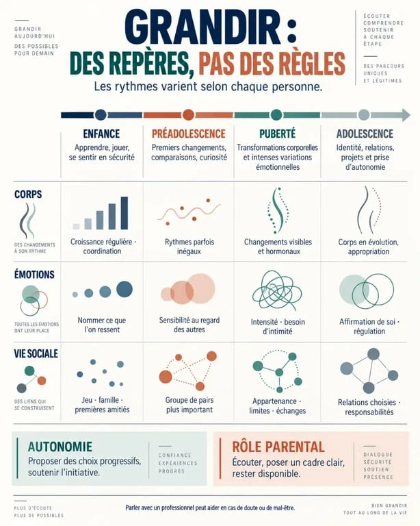 Infographie sur la pré adolescence comparant enfance, puberté et adolescence