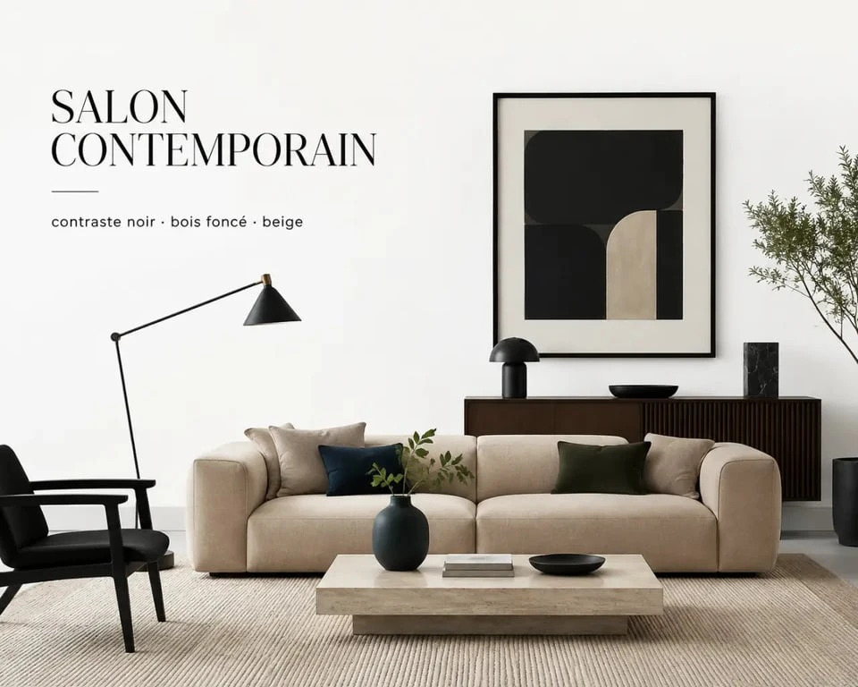Déco salon canapé beige en version moderne avec contrastes noirs et bois foncé