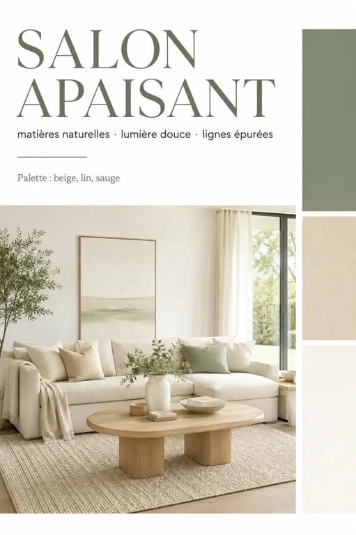 Idée de déco salon canapé beige dans une ambiance lumineuse avec bois clair et textiles naturels