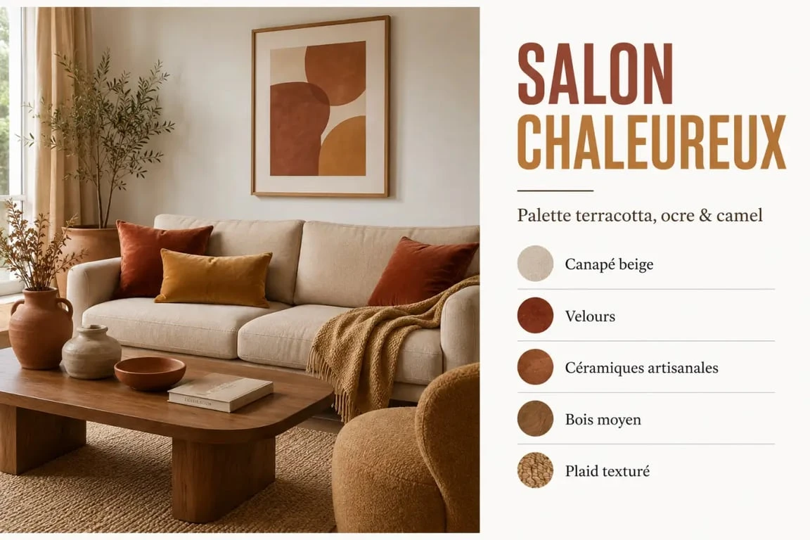 Déco salon canapé beige avec terracotta et matières chaleureuses pour un rendu cocooning