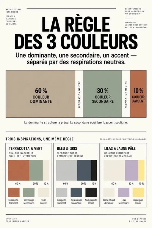 Palette de déco colorée avec trois couleurs et des neutres