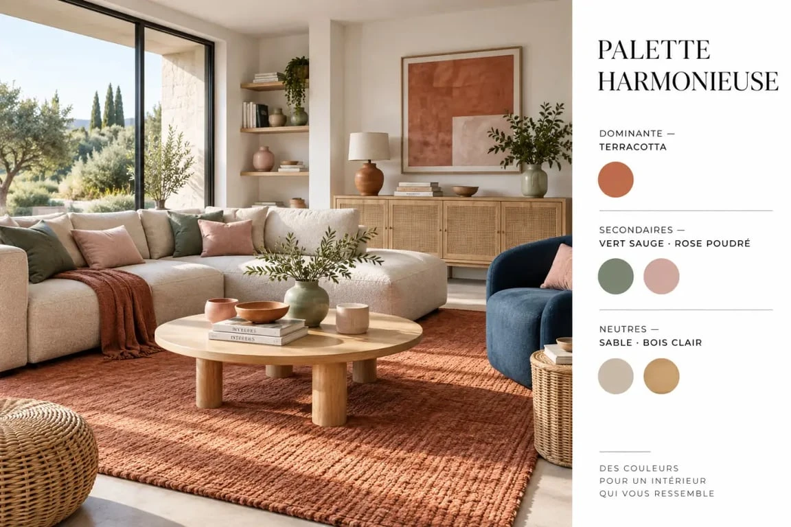 Salon en déco colorée avec terracotta, vert sauge et rose poudré