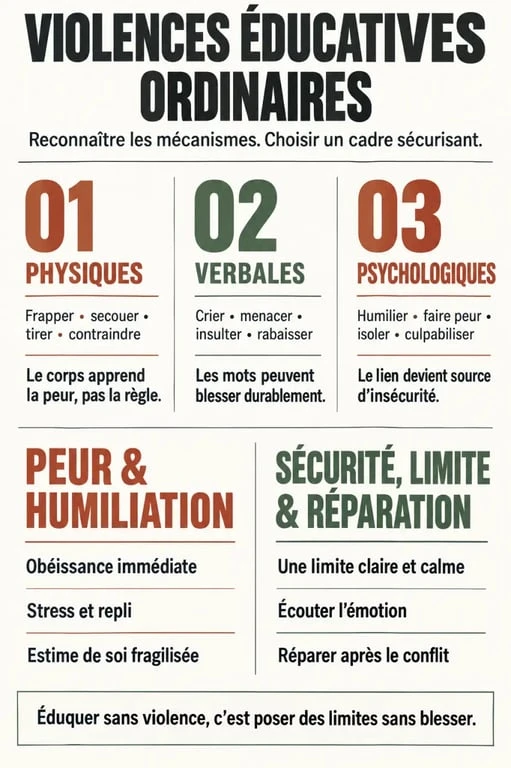 Infographie sur les violences éducatives ordinaires, leurs formes et les alternatives non violentes