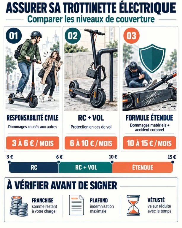 Assurance trottinette électrique comparateur : comparaison visuelle des garanties RC, vol et dommages
