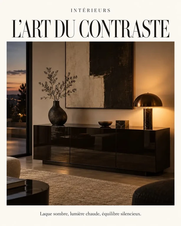Deco buffet salon contemporain avec lampe chaude et buffet laqué
