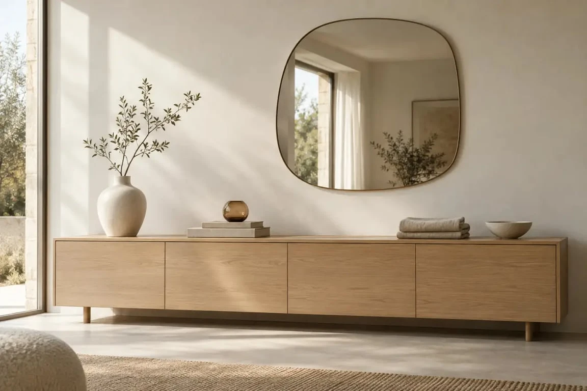Deco buffet salon avec miroir, objets de hauteurs variées et espaces vides