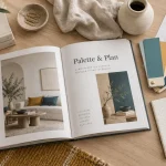 livre decoration interieur ouvert, palette et plan d’aménagement